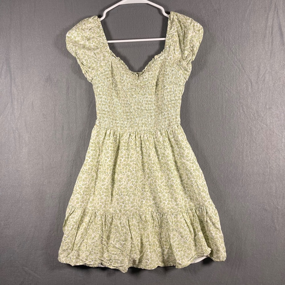 Hollister Womens XS Green Floral Smocked Puff Sleeve Mini Dress Cottagecore